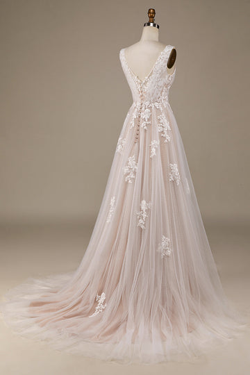 Aprikos Tulle Sweep Train brudekjole med blonder